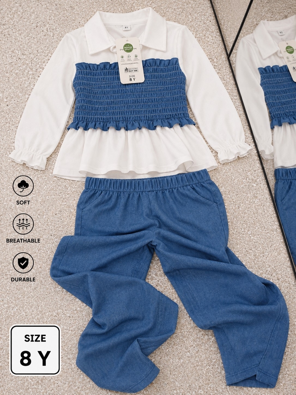 Girls Blue Smocked Denim-Style Jeans Set with White Top